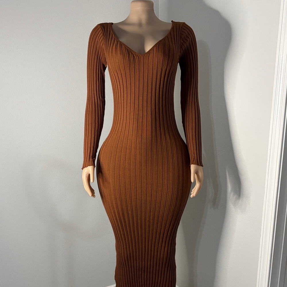 Chic Long Sleeve Brown Knit Dress